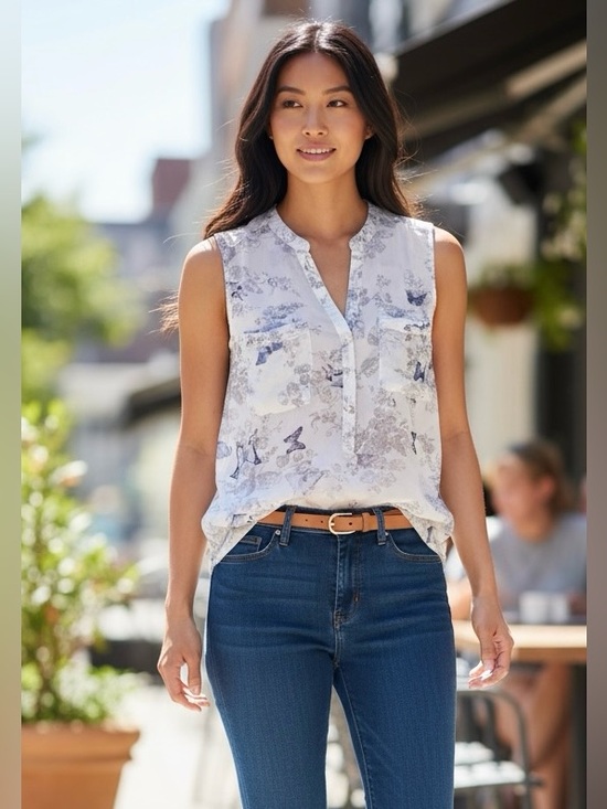 Ispiri Tops - Sleeveless Butterfly & Floral Print Tank Top - White/Blue